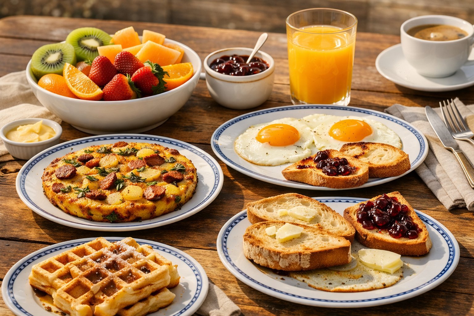 A breakfast spread with eggs, waffles, fresh fruit, and coffee