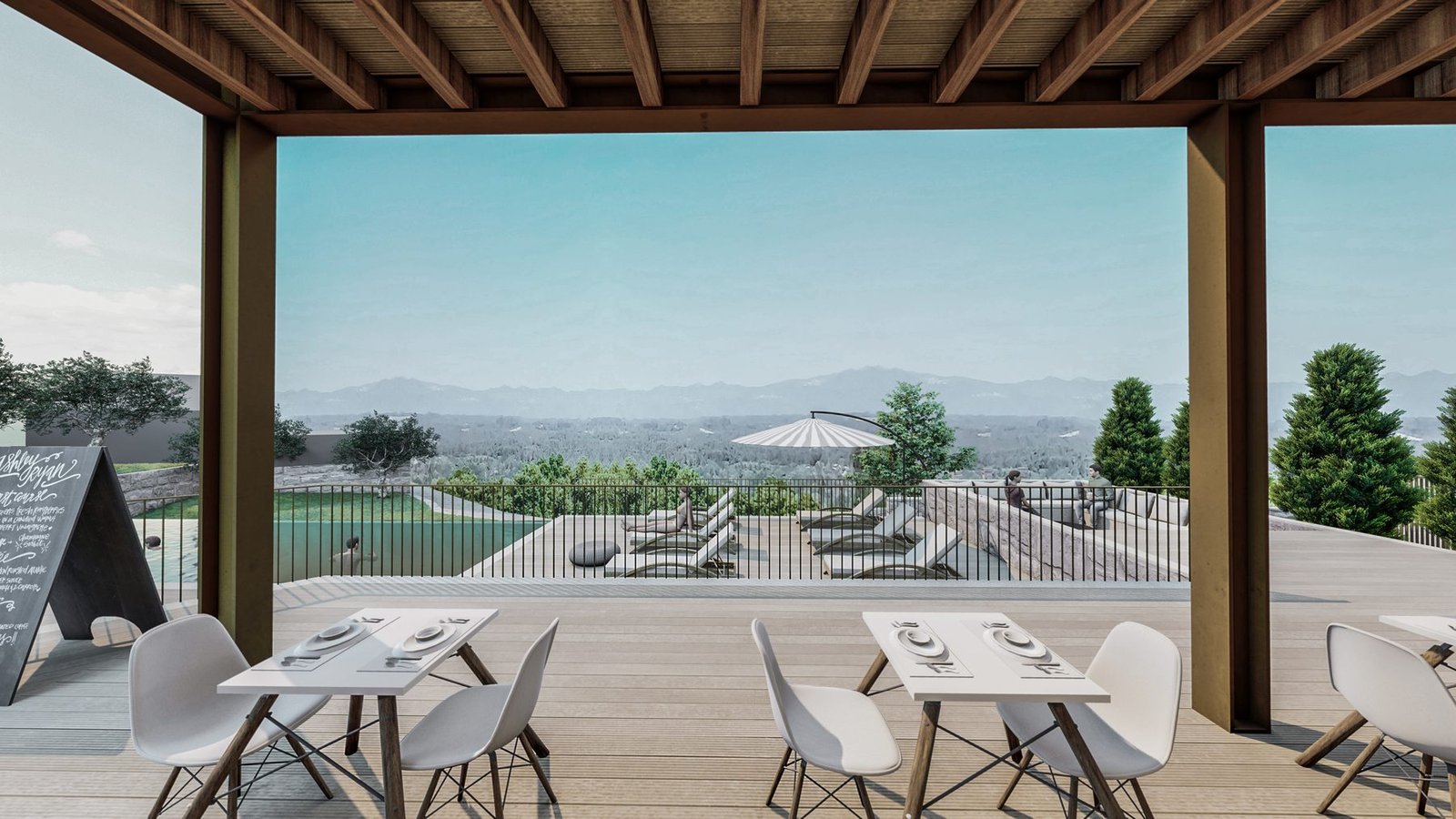 Concept rendering of covered terrace dining overlooking the pool and mountains